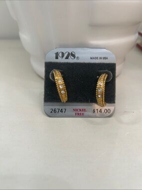 1928 Gold-Tone Crystal-Accented Hoop Earrings